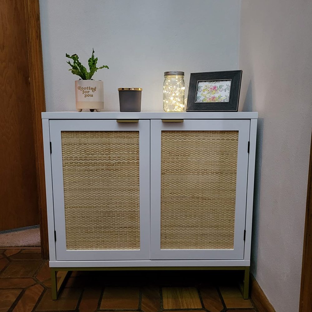 Anmytek Rattan Storage Cabinet with 2 Rattan Doors Fixed Shelf Large Space