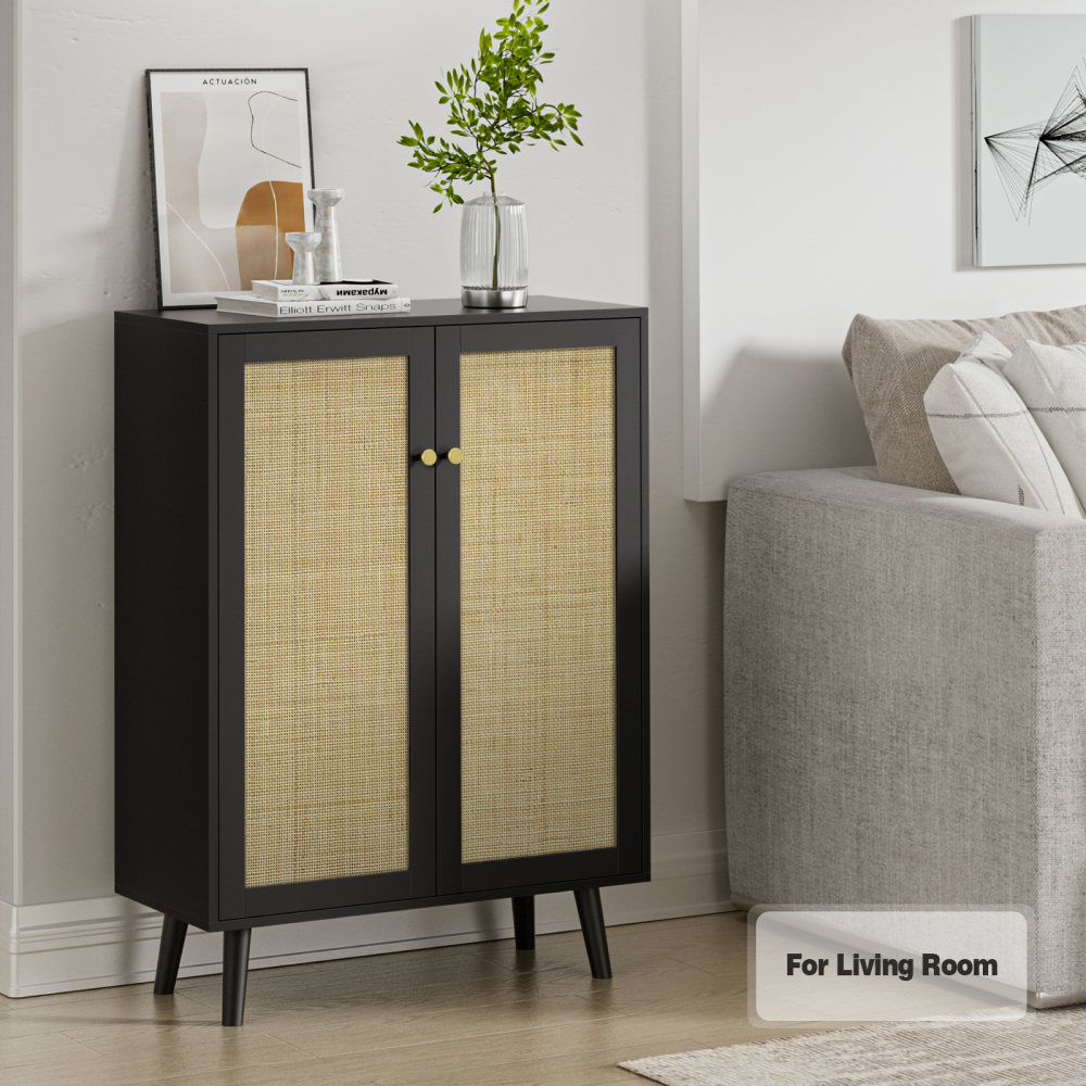 Rattan Cabinet,Tall Sideboard Storage Cabinet with Crafted Rattan Front, Entry Cabinet Wood 2 Door Accent Cabinet with Adjustable Shelves