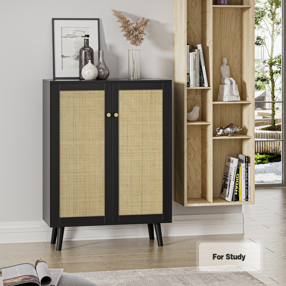 Rattan Cabinet,Tall Sideboard Storage Cabinet with Crafted Rattan Front, Entry Cabinet Wood 2 Door Accent Cabinet with Adjustable Shelves