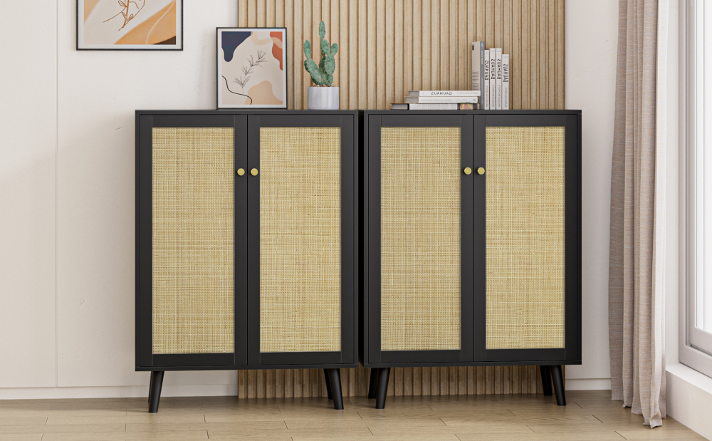 Rattan Cabinet,Tall Sideboard Storage Cabinet with Crafted Rattan Front, Entry Cabinet Wood 2 Door Accent Cabinet with Adjustable Shelves