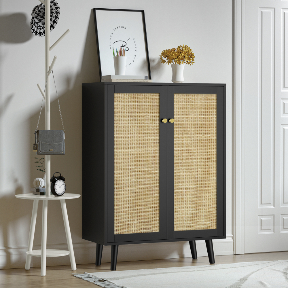 Rattan Cabinet,Tall Sideboard Storage Cabinet with Crafted Rattan Front, Entry Cabinet Wood 2 Door Accent Cabinet with Adjustable Shelves