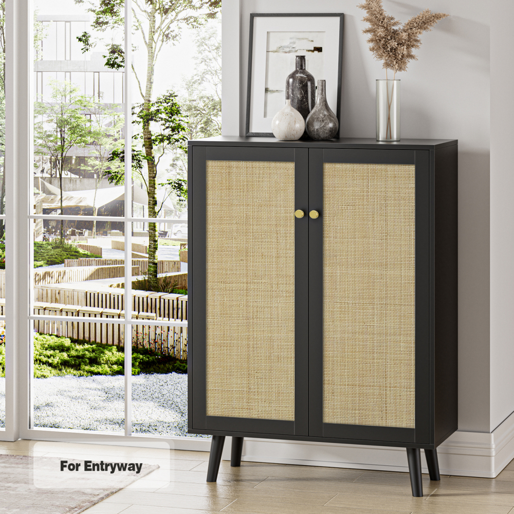 Rattan Cabinet,Tall Sideboard Storage Cabinet with Crafted Rattan Front, Entry Cabinet Wood 2 Door Accent Cabinet with Adjustable Shelves