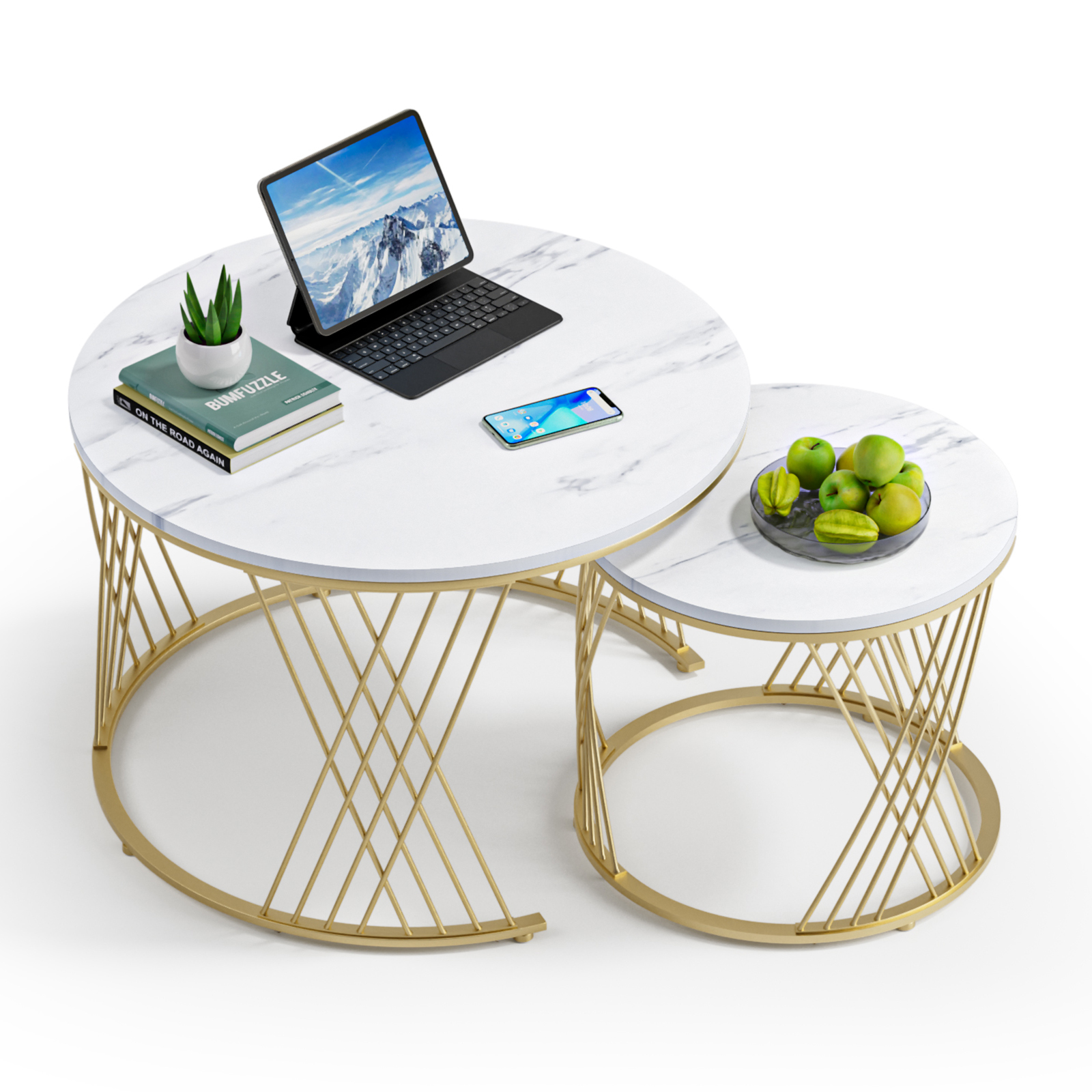 Round Coffee Table Set of 2, Modern Coffee Tables for Living Room, Faux Marble Center Table, Nesting Coffee Table Simple Nightstand