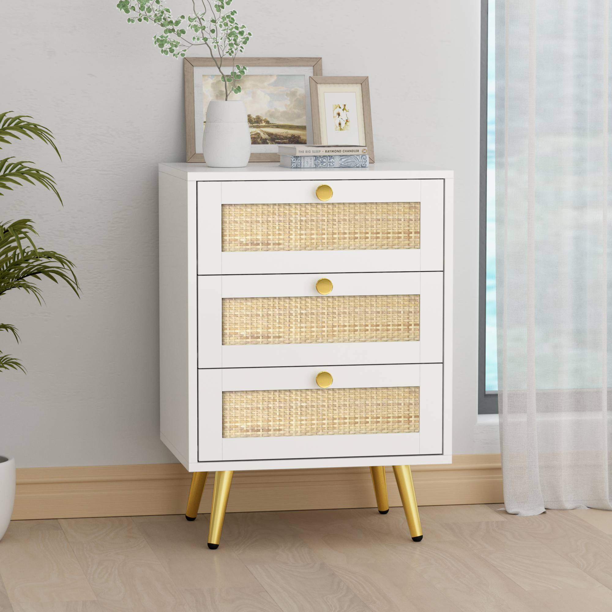 Rattan Nightstand, 26" H White Nightstand Small Dresser with 3 Rattan Drawers Wooden Bedside Table End Table for Living Room Bedroom