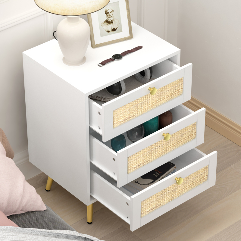 Rattan Nightstand, 26" H White Nightstand Small Dresser with 3 Rattan Drawers Wooden Bedside Table End Table for Living Room Bedroom