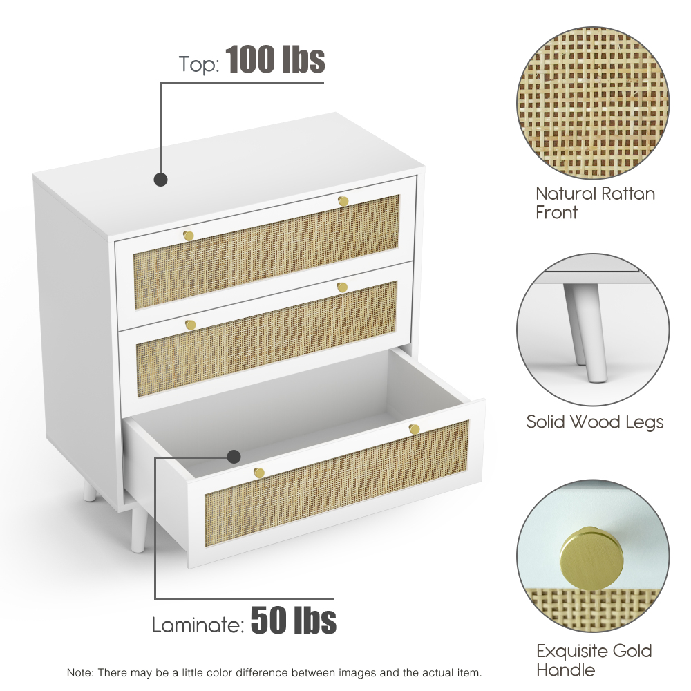 Anmytek Modern Rattan Wood Chest of 3 Drawer Dresser with Spacious Storage for Bedroom Living Room, Rustic Oak