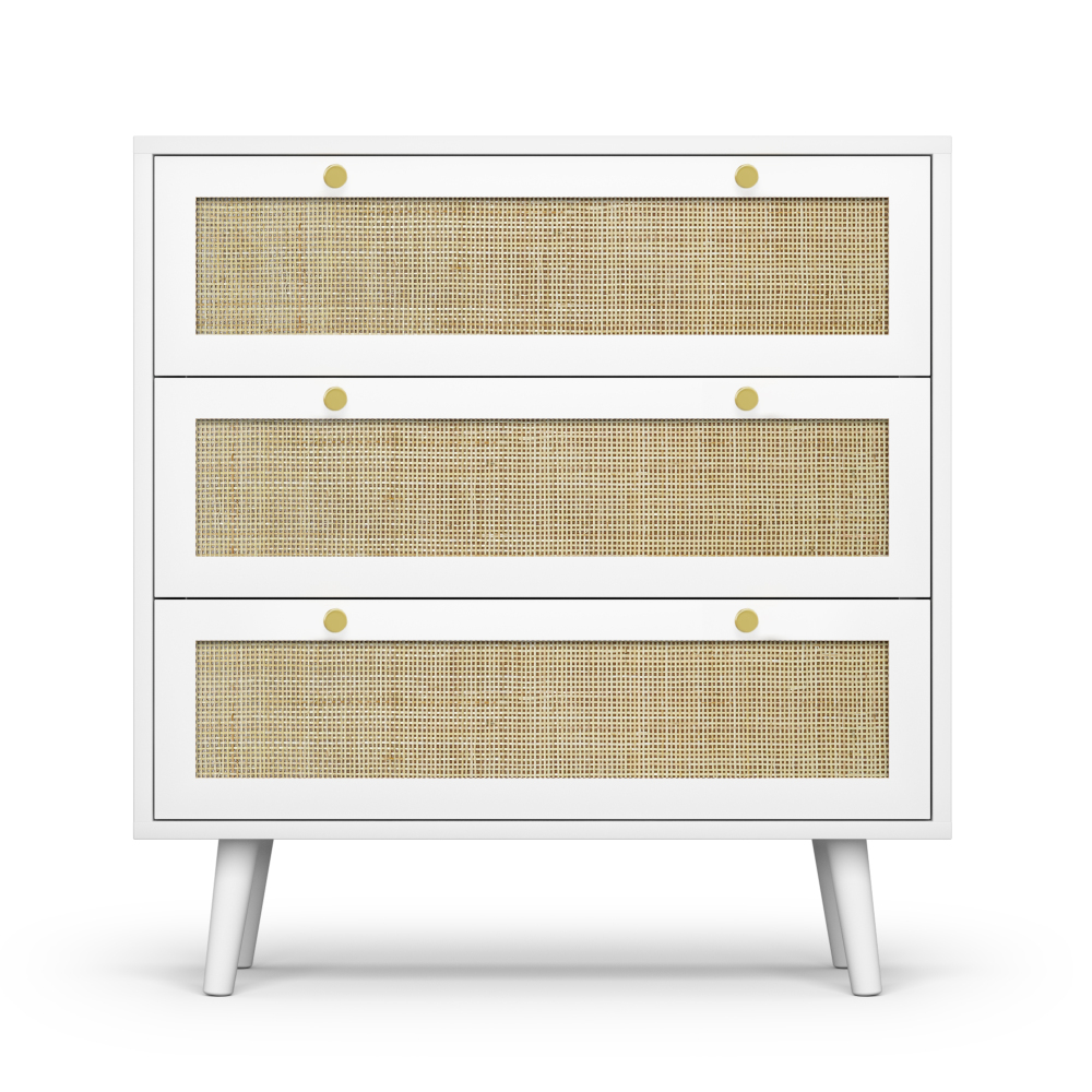 Anmytek Modern Rattan Wood Chest of 3 Drawer Dresser with Spacious Storage for Bedroom Living Room, Rustic Oak