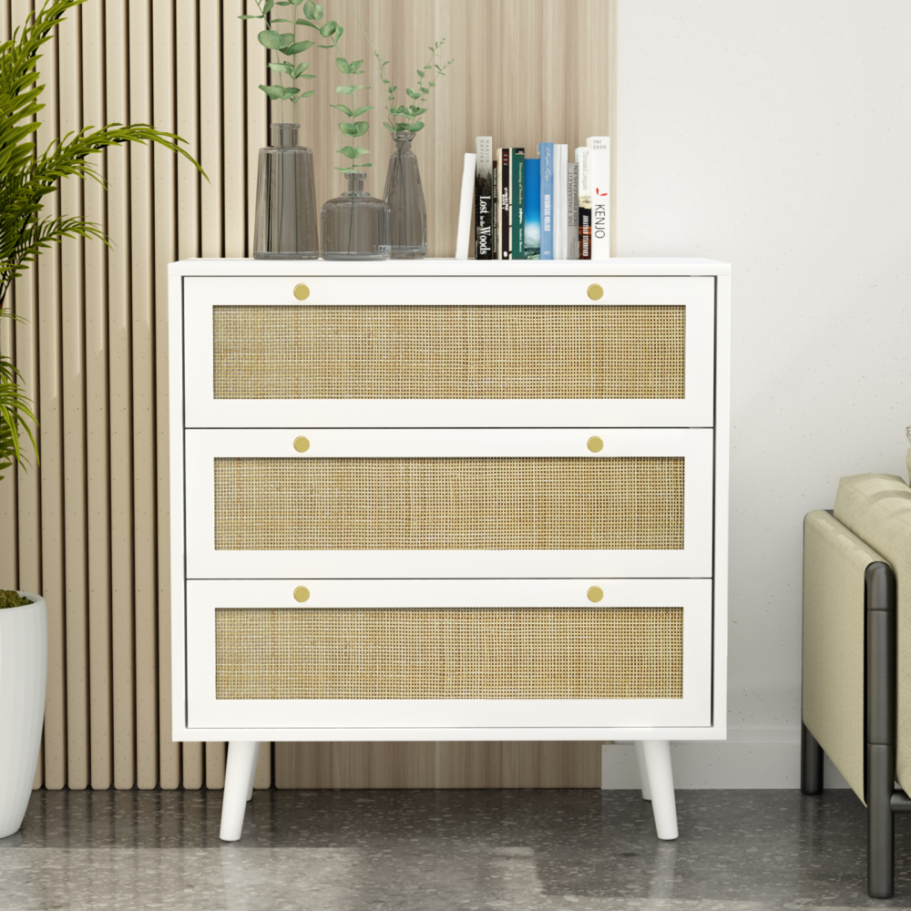 Modern Rattan Wood Chest of 3 Drawer Dresser with Spacious Storage for Bedroom Living Room, Rustic Oak