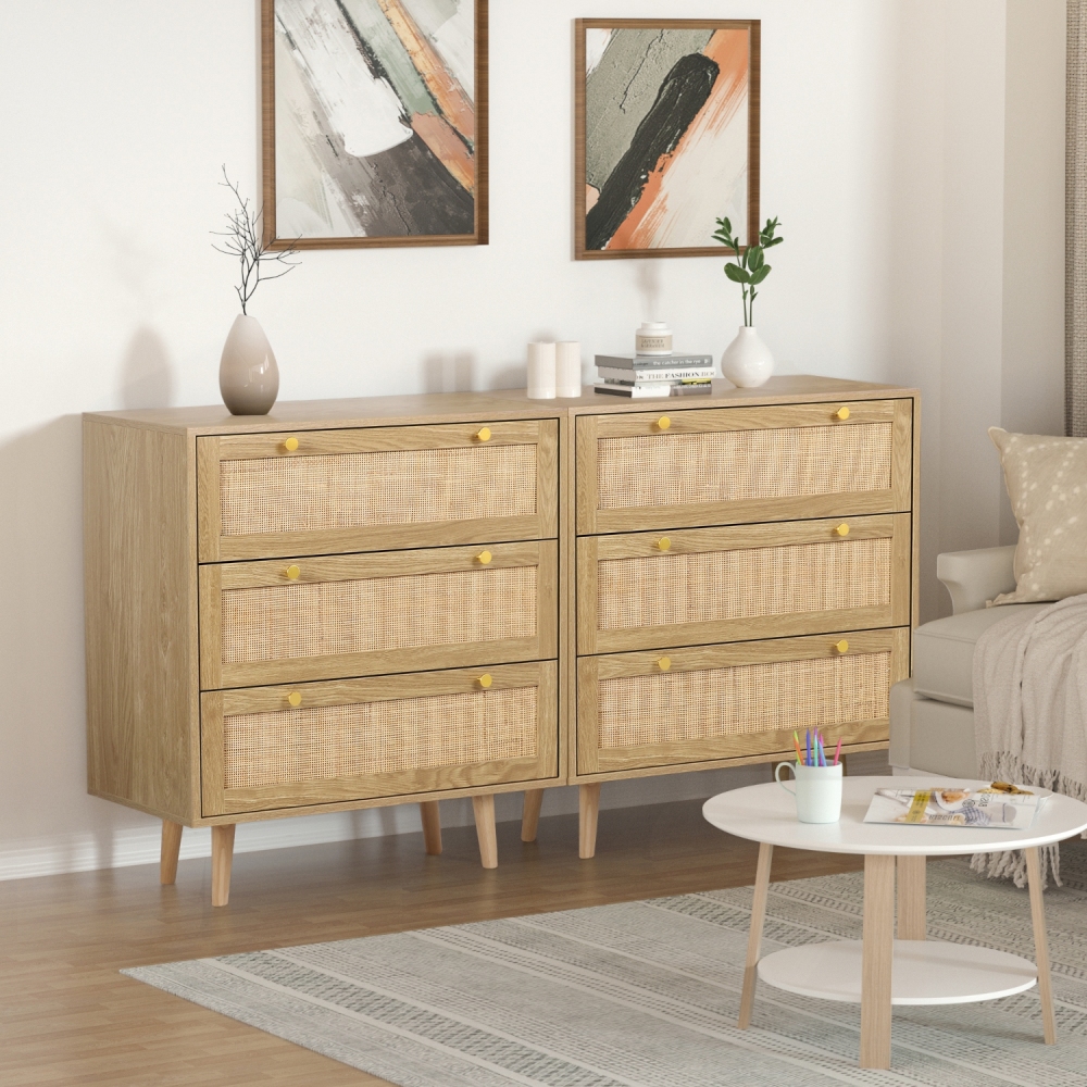 Modern Rattan Wood Chest of 3 Drawer Dresser with Spacious Storage for Bedroom Living Room, Rustic Oak