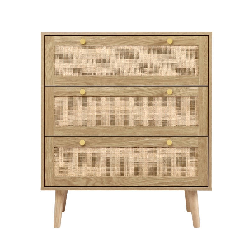 Modern Rattan Wood Chest of 3 Drawer Dresser with Spacious Storage for Bedroom Living Room, Rustic Oak