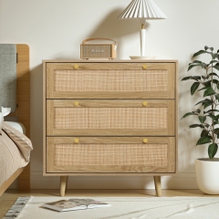 Anmytek 3 Drawer Dresser for Bedroom, Rattan Dresser Modern Wood Chest of Drawers
