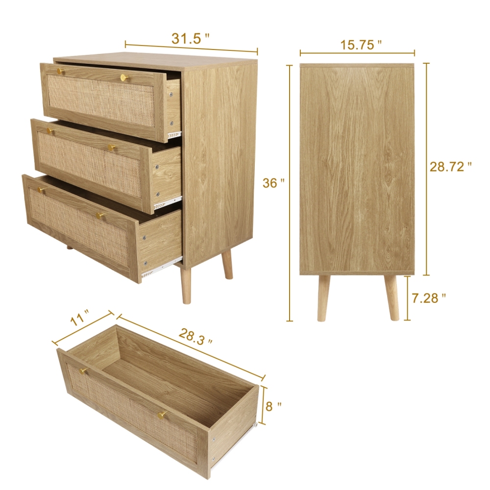 Modern Rattan Wood Chest of 3 Drawer Dresser with Spacious Storage for Bedroom Living Room, Rustic Oak