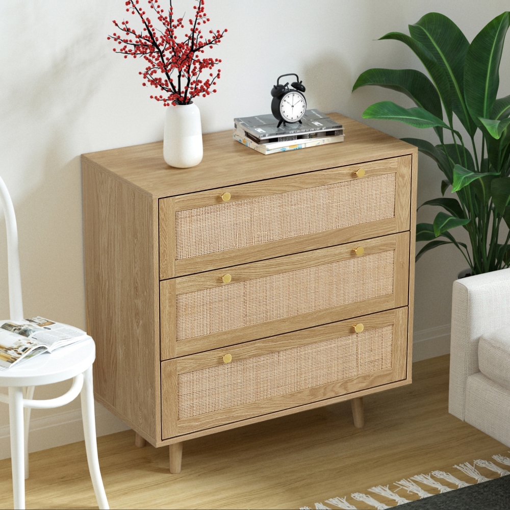 Modern Rattan Wood Chest of 3 Drawer Dresser with Spacious Storage for Bedroom Living Room, Rustic Oak