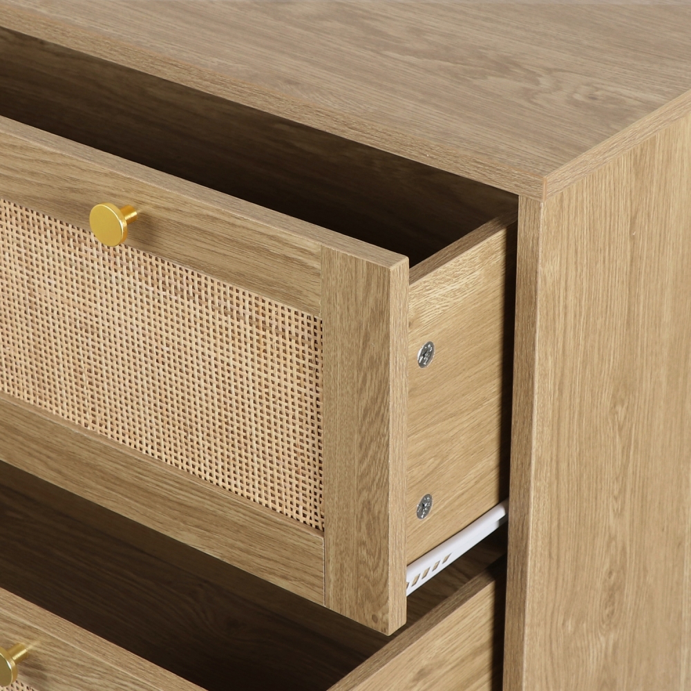 Modern Rattan Wood Chest of 3 Drawer Dresser with Spacious Storage for Bedroom Living Room, Rustic Oak