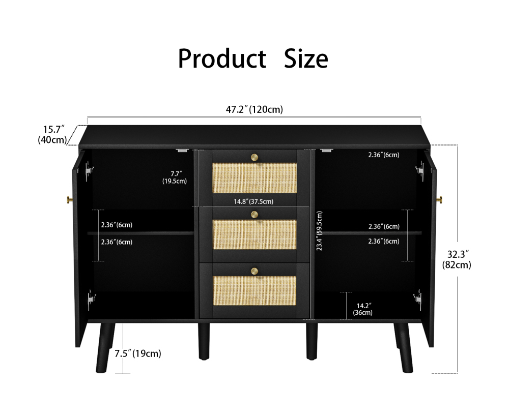 Anmytek Sideboard Buffet Cabinet, 3 Drawers Rattan Cabinet with 2 Doors Boho Accent Storage Cabinet, Living Room Cupboard Console Table with Adjustable Shelves for Kitchen
