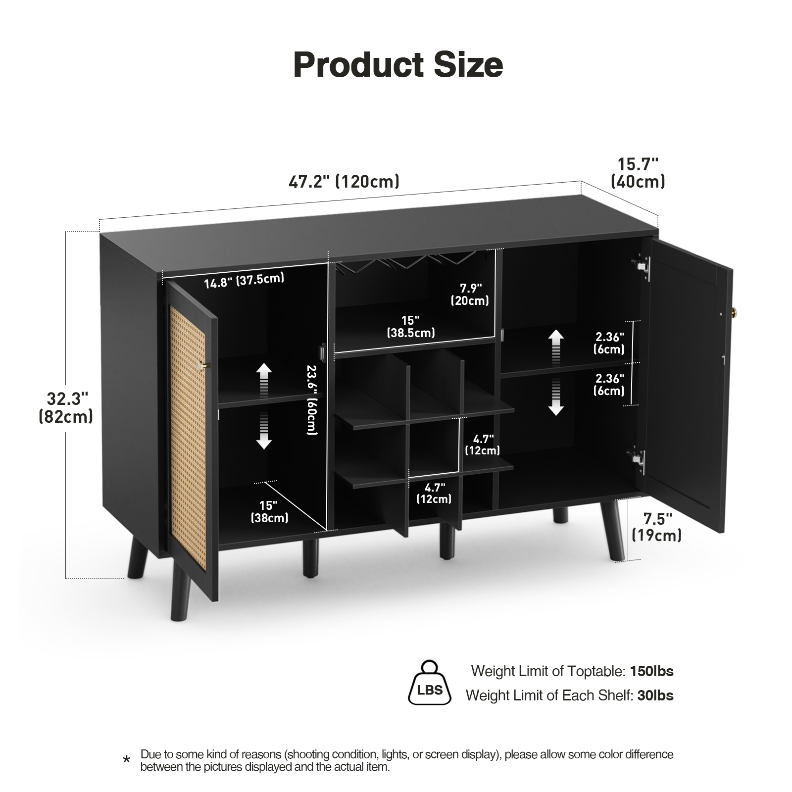 Anmytek Rattan Wine Bar Cabinet 2-Door Farmhouse Liquor Cabinet with Wine Rack and Glass Holder, Rustic Sideboard Buffet Storage