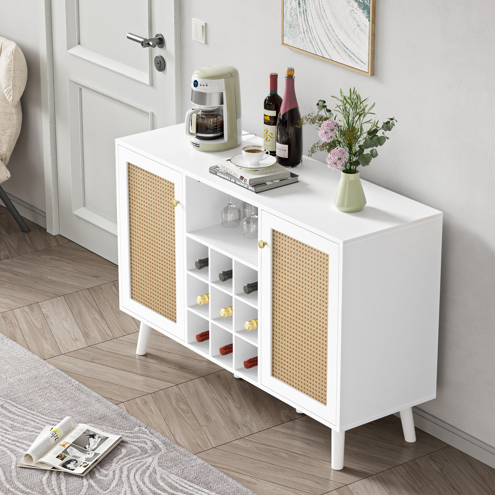Anmytek Rattan Wine Bar Cabinet 2-Door Farmhouse Liquor Cabinet with Wine Rack and Glass Holder, Rustic Sideboard Buffet Storage