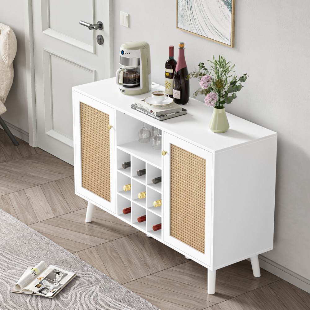 Anmytek Rattan Wine Bar Cabinet 2-Door Farmhouse Liquor Cabinet with Wine Rack and Glass Holder, Rustic Sideboard Buffet Storage