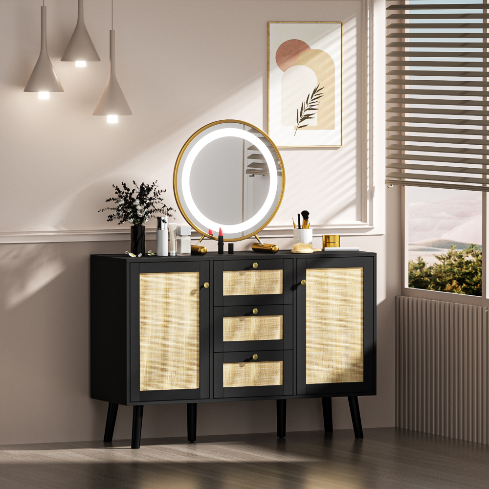 Rattan Sideboard Buffet Cabinet, 3 Drawers and 2 Doors