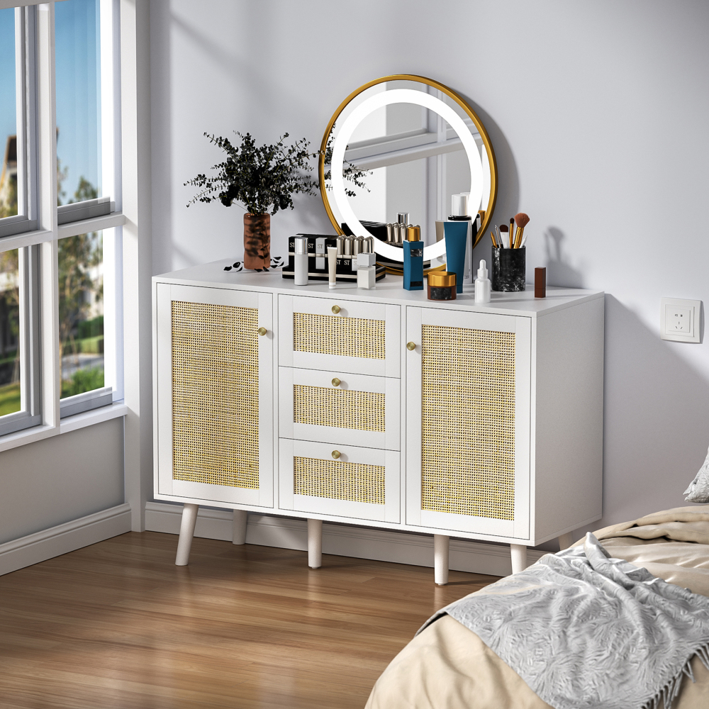 Anmytek Sideboard Buffet Cabinet, 3 Drawers Rattan Cabinet with 2 Doors Boho Accent Storage Cabinet, Living Room Cupboard Console Table with Adjustable Shelves for Kitchen