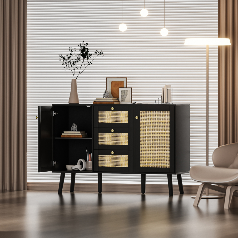 Rattan Sideboard Buffet Cabinet, 3 Drawers and 2 Doors