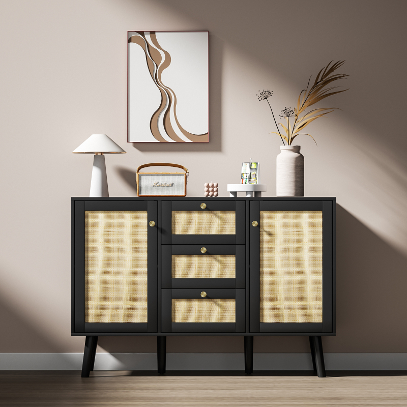 Rattan Sideboard Buffet Cabinet, 3 Drawers and 2 Doors