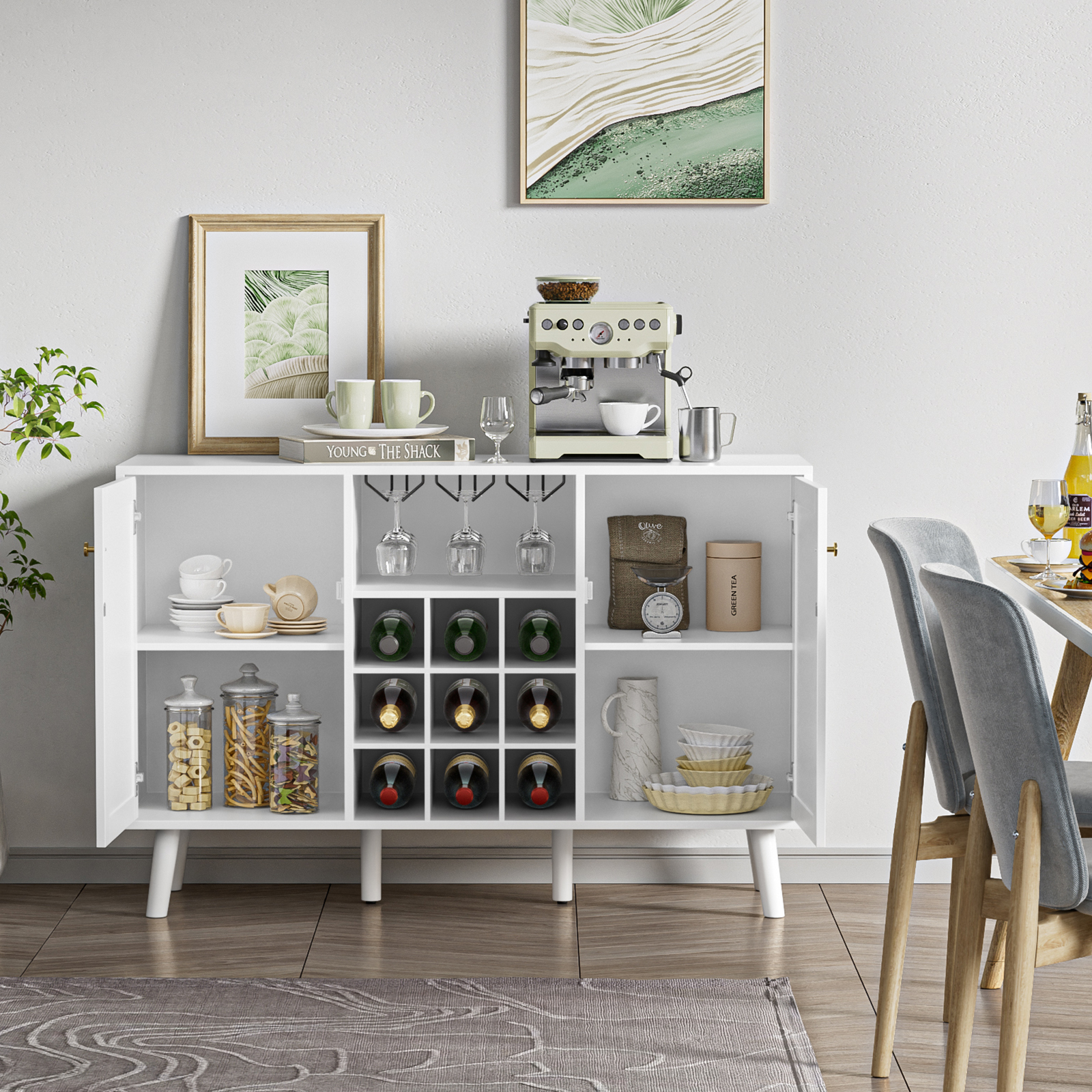 Anmytek Rattan Wine Bar Cabinet 2-Door Farmhouse Liquor Cabinet with Wine Rack and Glass Holder, Rustic Sideboard Buffet Storage