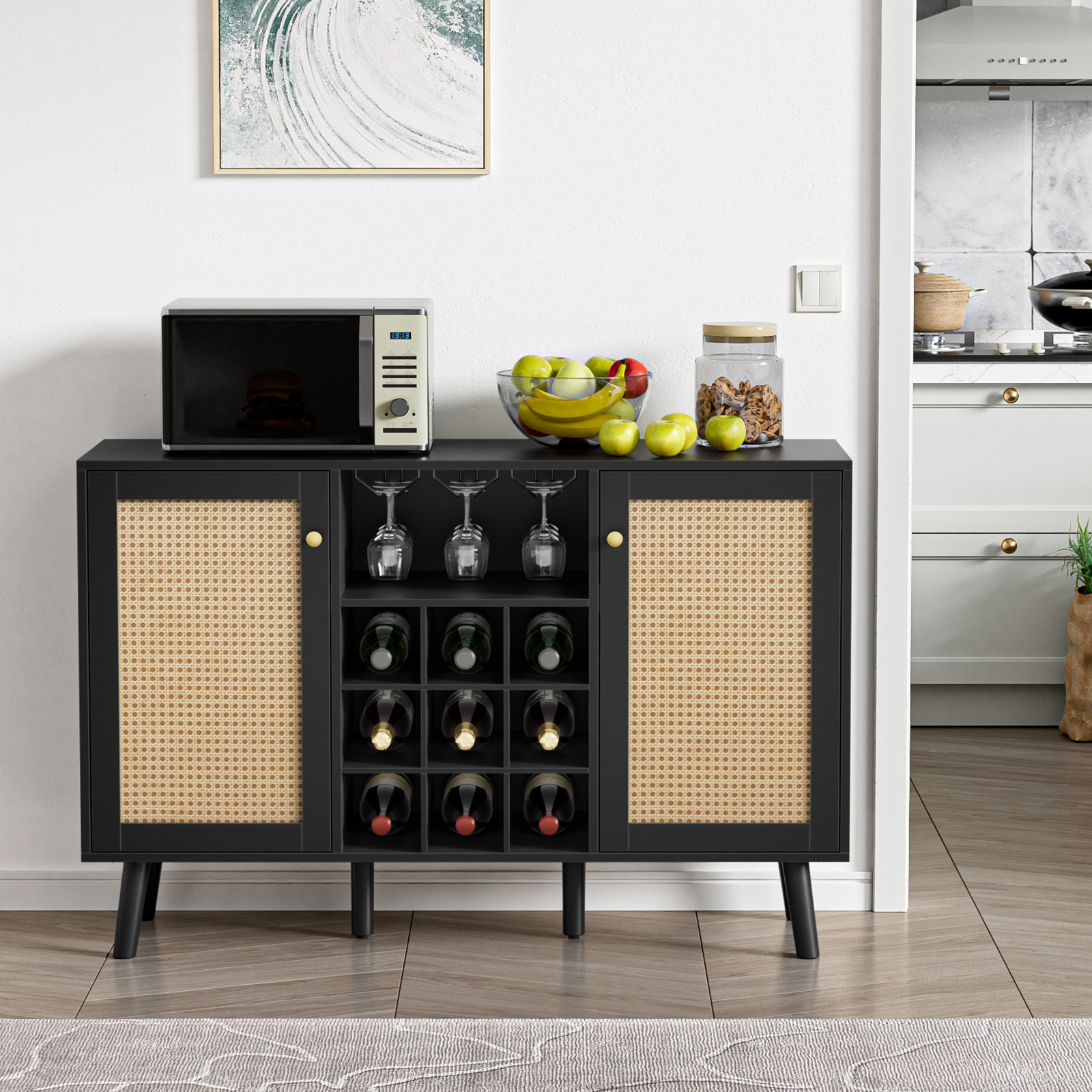 Anmytek Rattan Wine Bar Cabinet 2-Door Farmhouse Liquor Cabinet with Wine Rack and Glass Holder, Rustic Sideboard Buffet Storage