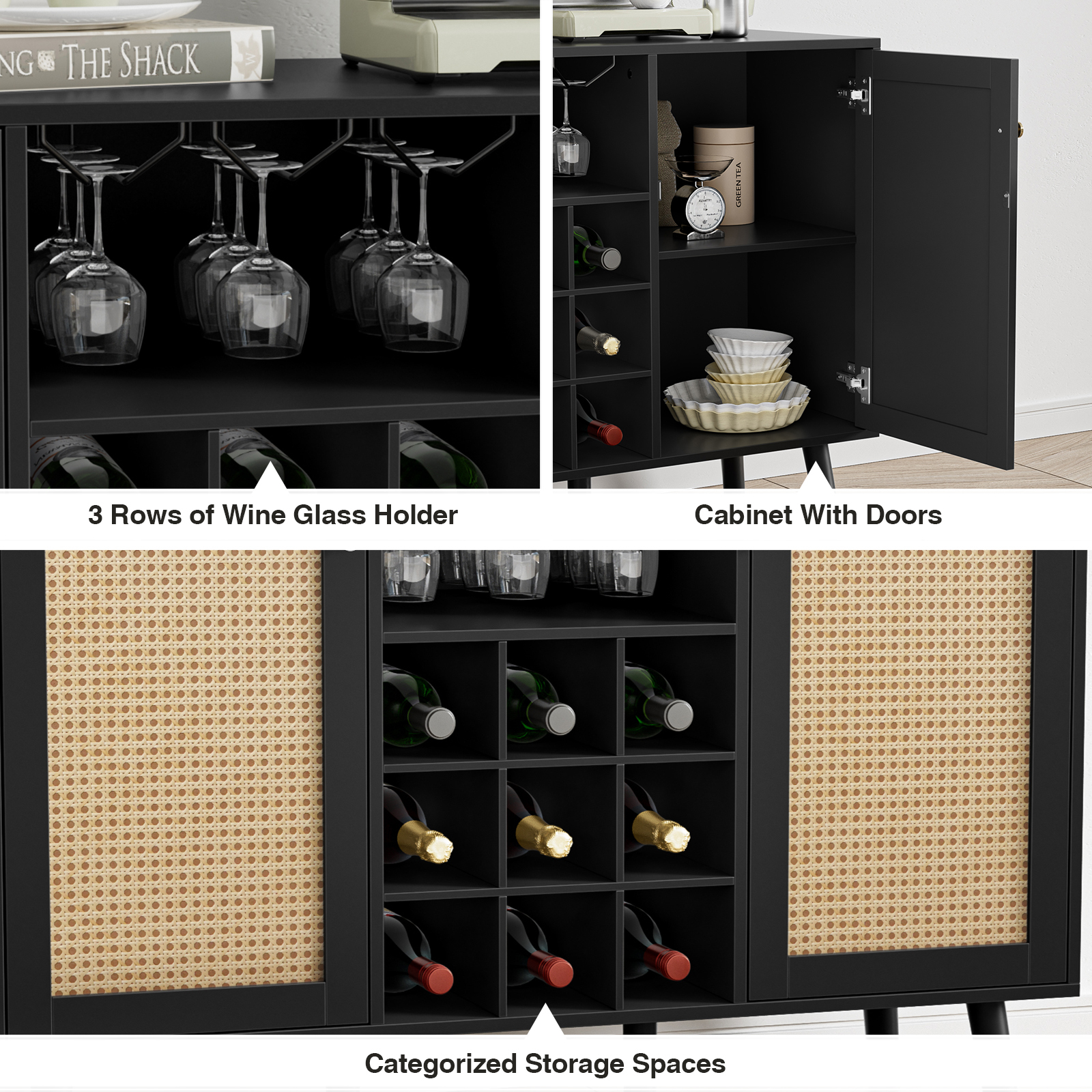 Anmytek Rattan Wine Bar Cabinet 2-Door Farmhouse Liquor Cabinet with Wine Rack and Glass Holder, Rustic Sideboard Buffet Storage