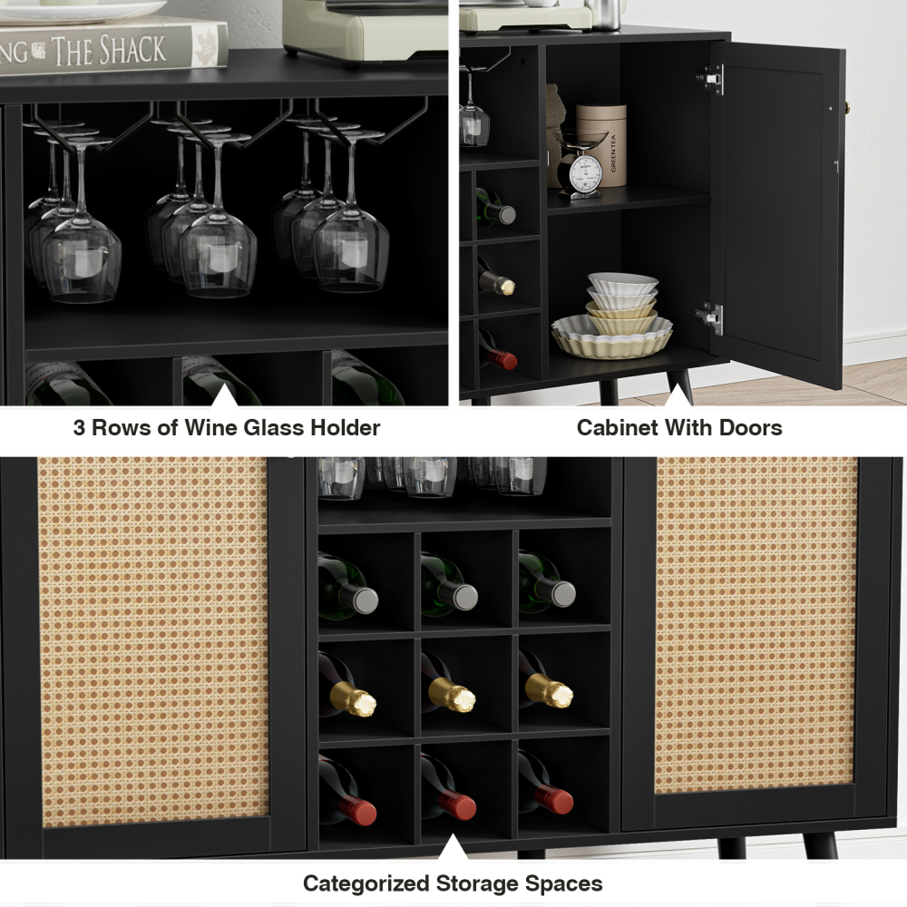 Anmytek Rattan Wine Bar Cabinet 2-Door Farmhouse Liquor Cabinet with Wine Rack and Glass Holder, Rustic Sideboard Buffet Storage