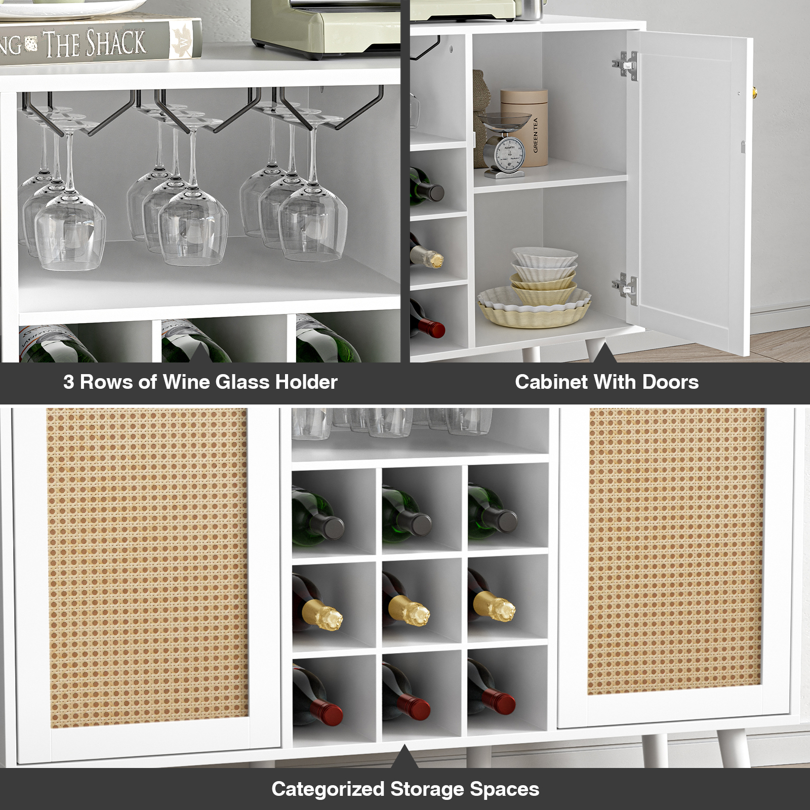 Rattan Wine Bar Cabinet 2-Door Farmhouse Liquor Cabinet with Wine Rack and Glass Holder, White Sideboard Buffet Storage, Modern Wooden Coffee Bar Cabinet for Living Dining Room Kitchen