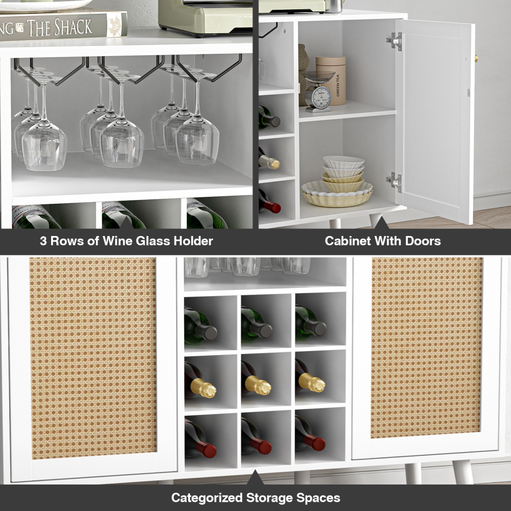 Rattan Wine Bar Cabinet 2-Door Farmhouse Liquor Cabinet with Wine Rack and Glass Holder, White Sideboard Buffet Storage, Modern Wooden Coffee Bar Cabinet for Living Dining Room Kitchen