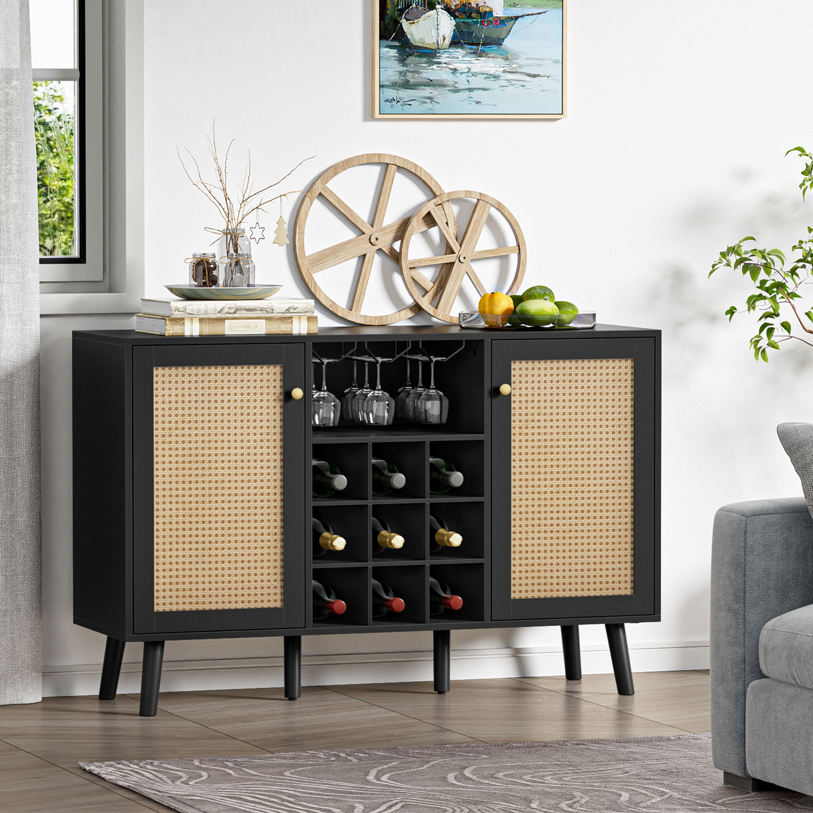 Anmytek Rattan Wine Bar Cabinet 2-Door Farmhouse Liquor Cabinet with Wine Rack and Glass Holder, Rustic Sideboard Buffet Storage