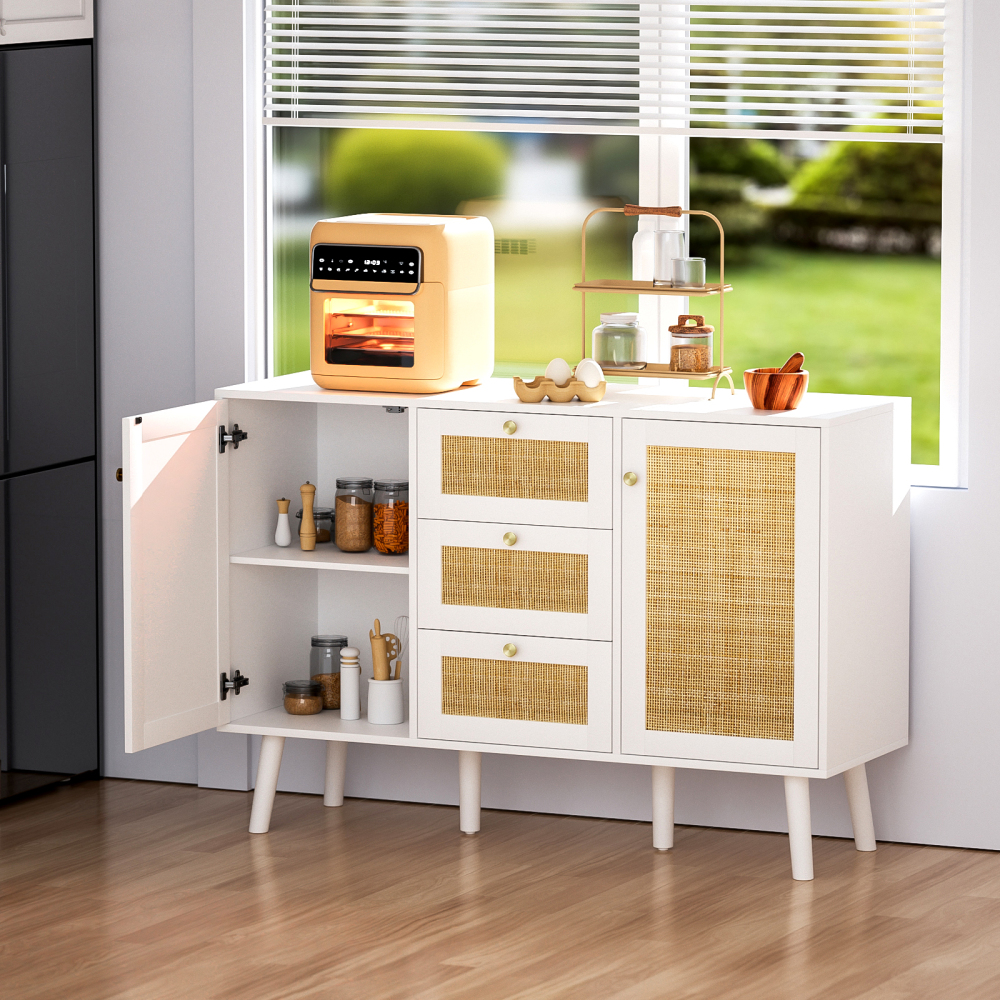 Anmytek Sideboard Buffet Cabinet, 3 Drawers Rattan Cabinet with 2 Doors Boho Accent Storage Cabinet, Living Room Cupboard Console Table with Adjustable Shelves for Kitchen