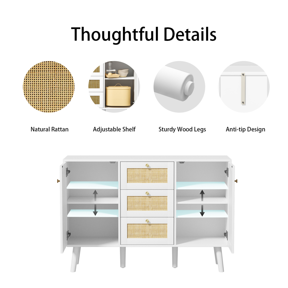 Anmytek Sideboard Buffet Cabinet, 3 Drawers Rattan Cabinet with 2 Doors Boho Accent Storage Cabinet, Living Room Cupboard Console Table with Adjustable Shelves for Kitchen
