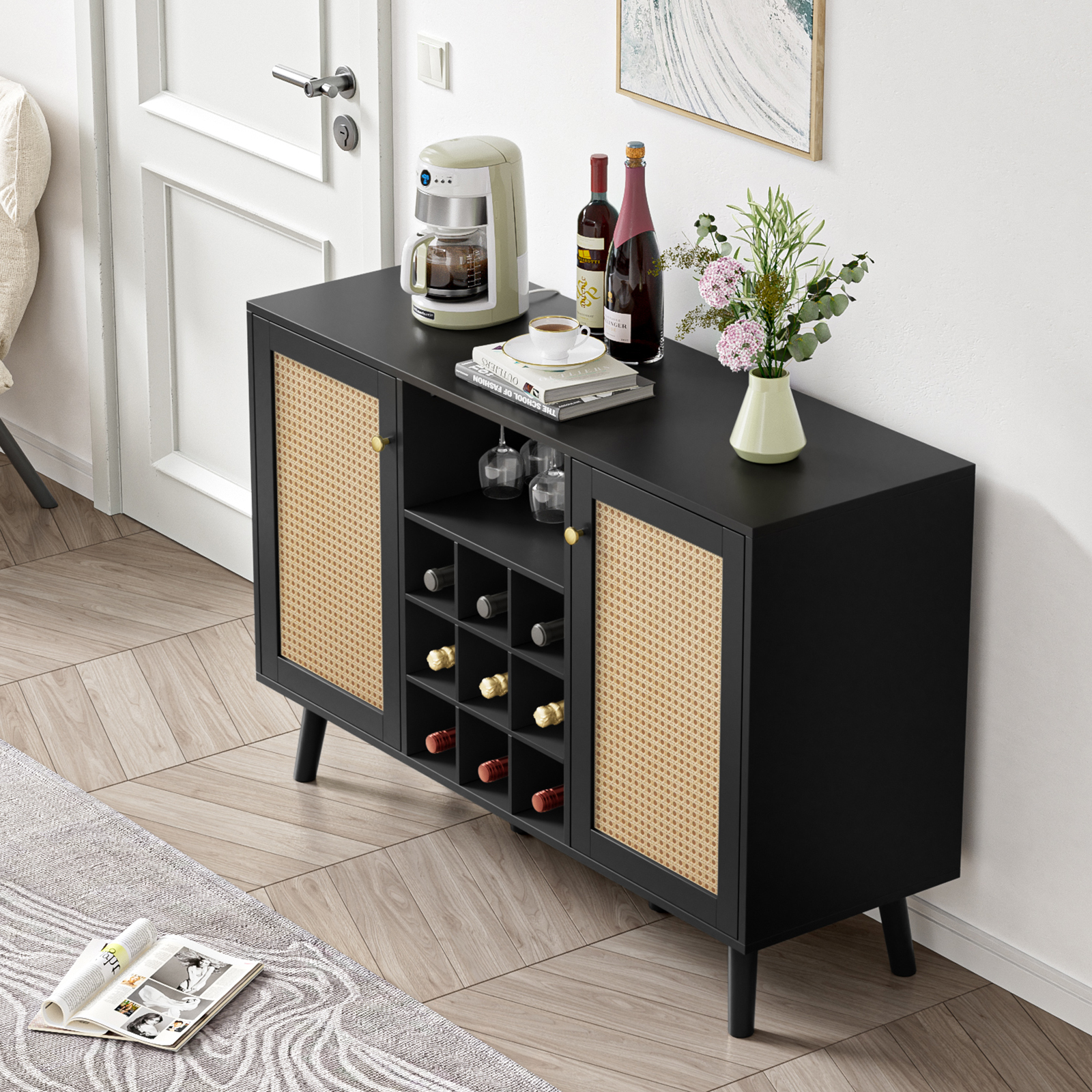 Anmytek Rattan Wine Bar Cabinet 2-Door Farmhouse Liquor Cabinet with Wine Rack and Glass Holder, Rustic Sideboard Buffet Storage