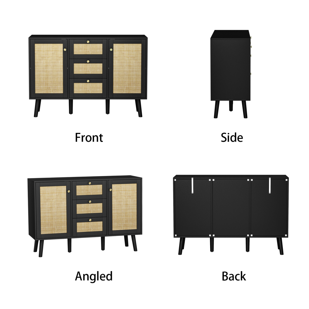 Anmytek Sideboard Buffet Cabinet, 3 Drawers Rattan Cabinet with 2 Doors Boho Accent Storage Cabinet, Living Room Cupboard Console Table with Adjustable Shelves for Kitchen