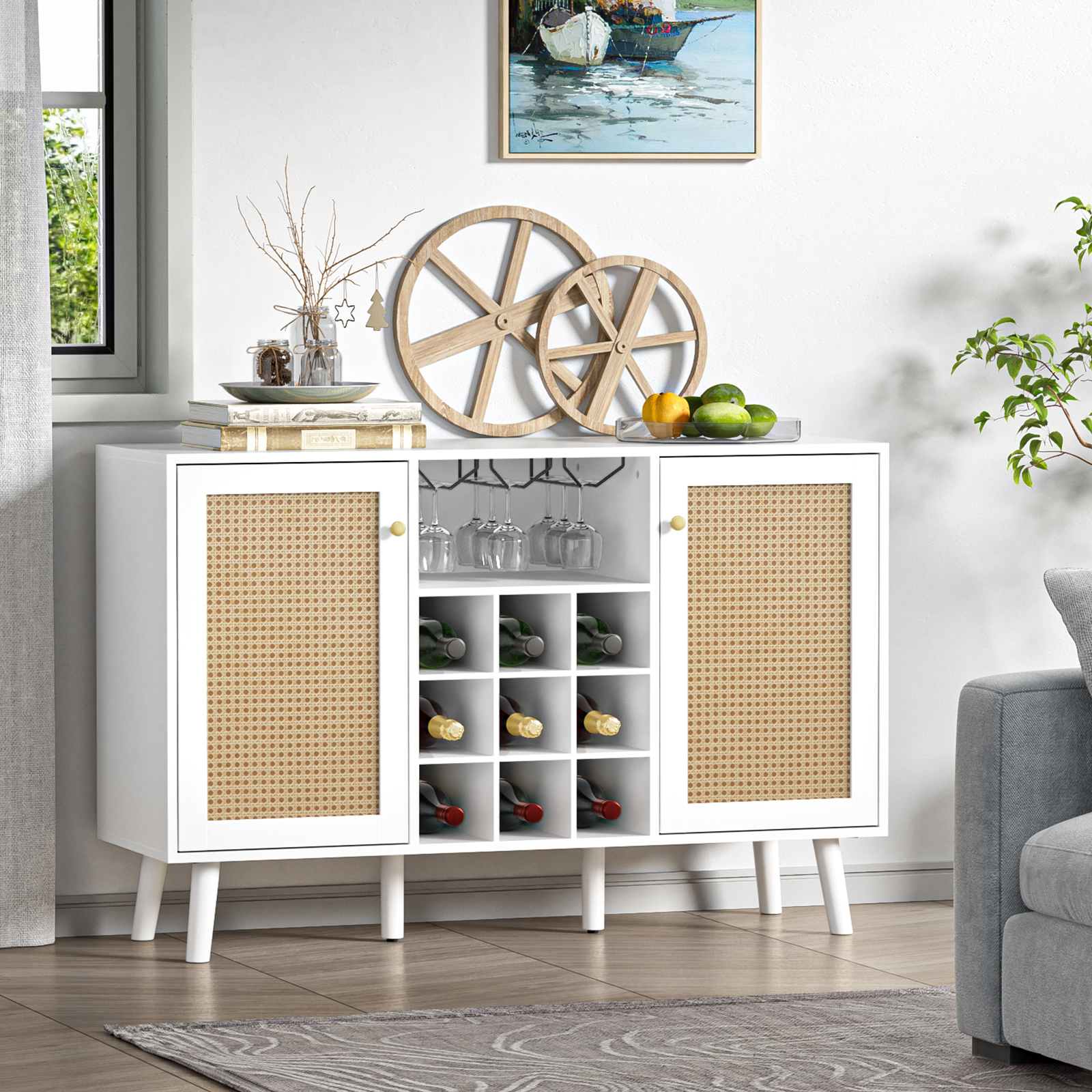 Rattan Wine Bar Cabinet 2-Door Farmhouse Liquor Cabinet with Wine Rack and Glass Holder, Rustic Sideboard Buffet Storage