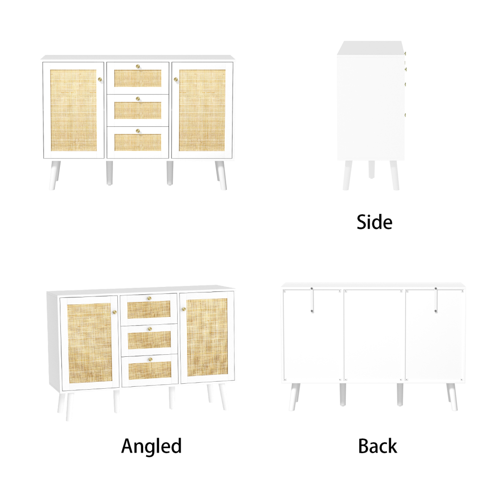Anmytek Sideboard Buffet Cabinet, 3 Drawers Rattan Cabinet with 2 Doors Boho Accent Storage Cabinet, Living Room Cupboard Console Table with Adjustable Shelves for Kitchen