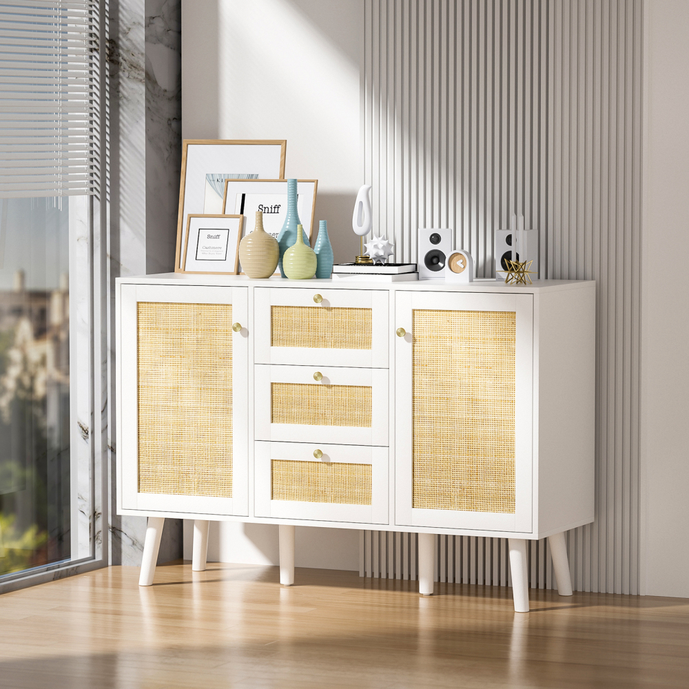 Anmytek Sideboard Buffet Cabinet, 3 Drawers Rattan Cabinet with 2 Doors Boho Accent Storage Cabinet, Living Room Cupboard Console Table with Adjustable Shelves for Kitchen
