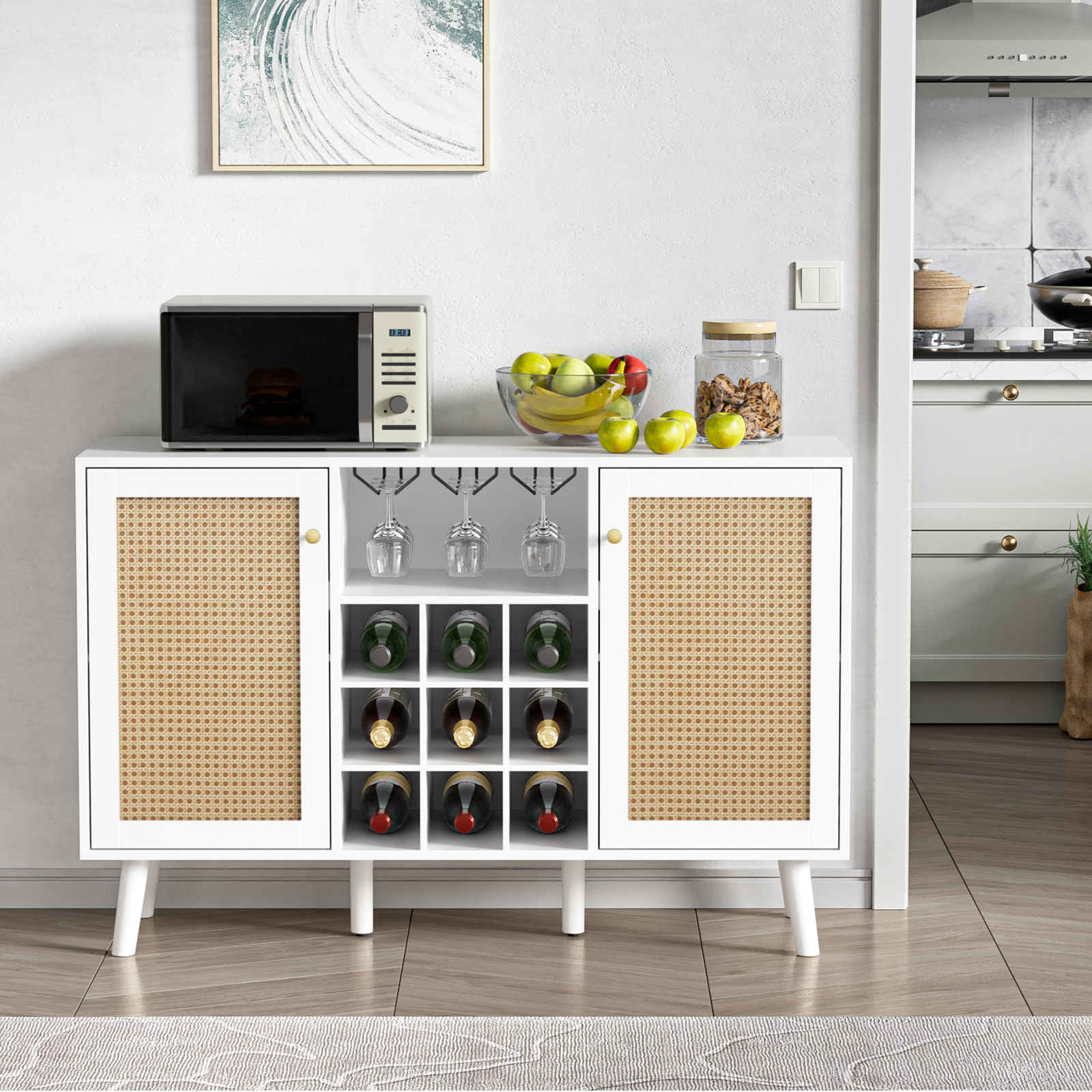 Anmytek Rattan Wine Bar Cabinet 2-Door Farmhouse Liquor Cabinet with Wine Rack and Glass Holder, Rustic Sideboard Buffet Storage