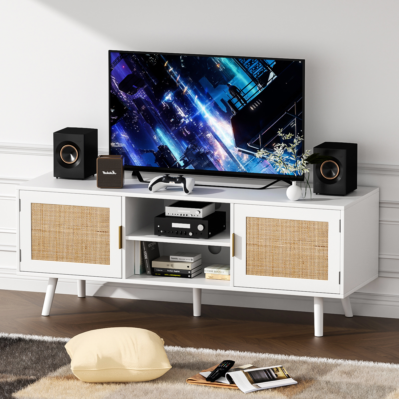 Farmhouse Rattan TV Stand for 55 Inches TV Mid Century Modern Entertainment Center with Storage Cabinet Wood Small Media Console for Living Room