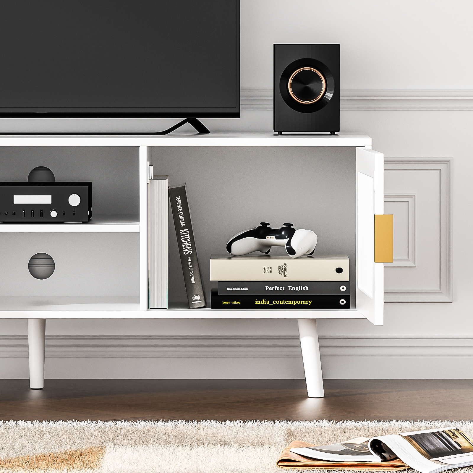 Farmhouse Rattan TV Stand for 55 Inches TV Mid Century Modern Entertainment Center with Storage Cabinet Wood Small Media Console for Living Room