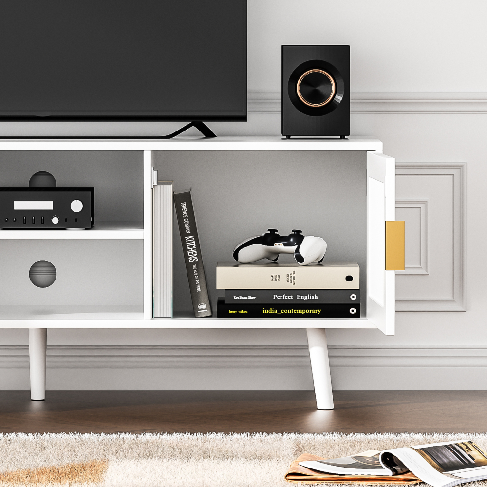 Farmhouse Rattan TV Stand for 55 Inches TV Mid Century Modern Entertainment Center with Storage Cabinet Wood Small Media Console for Living Room