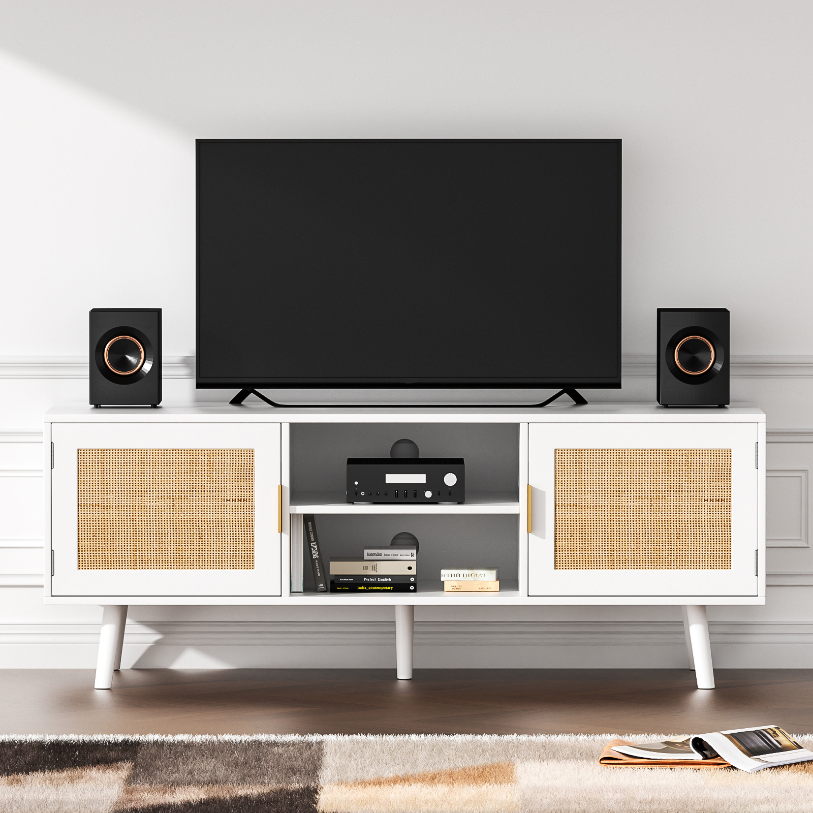 Farmhouse Rattan TV Stand for 55 Inches TV Mid Century Modern Entertainment Center with Storage Cabinet Wood Small Media Console for Living Room