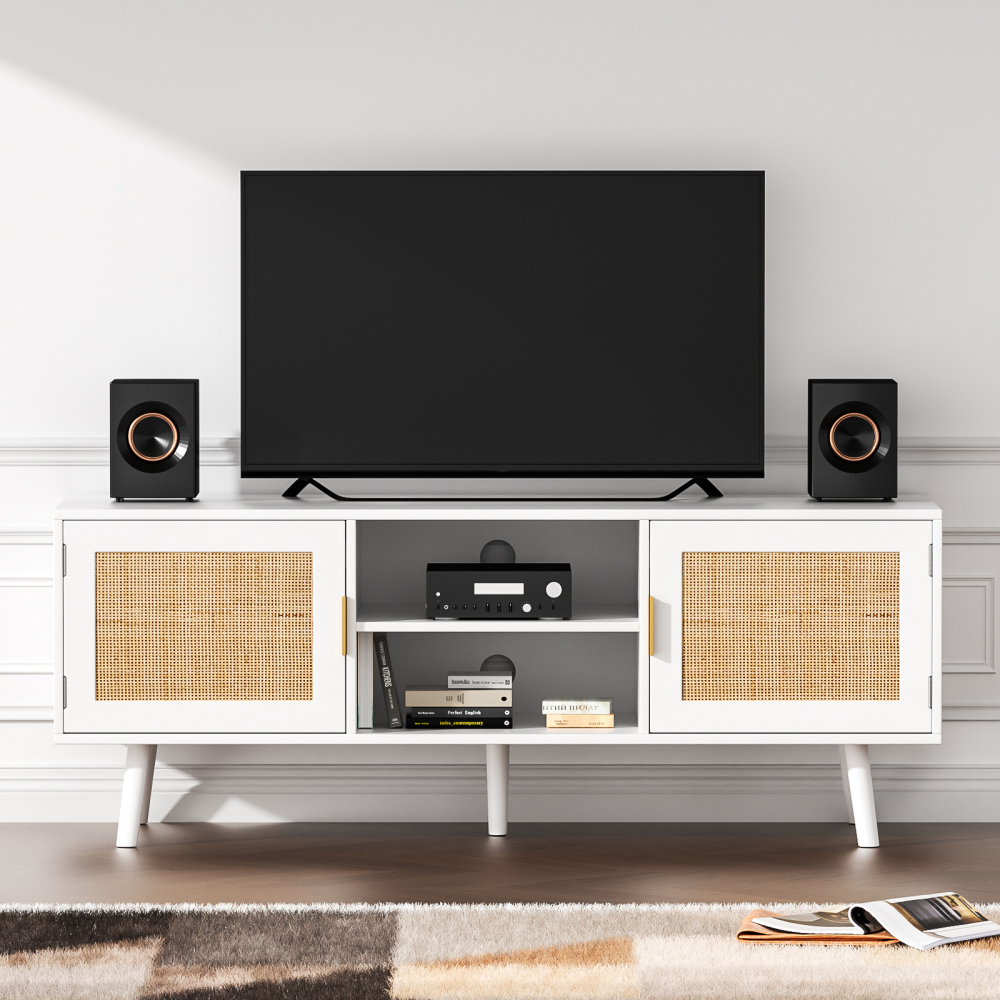 Farmhouse Rattan TV Stand for 55 Inches TV Mid Century Modern Entertainment Center with Storage Cabinet Wood Small Media Console for Living Room