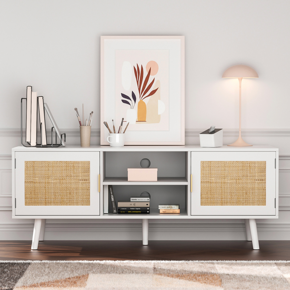 Farmhouse Rattan TV Stand Modern Wood Media Entertainment Center Console Table for TVs up to 55 Inches with 2 Doors and 2 Open Shelves, Natural Oak
