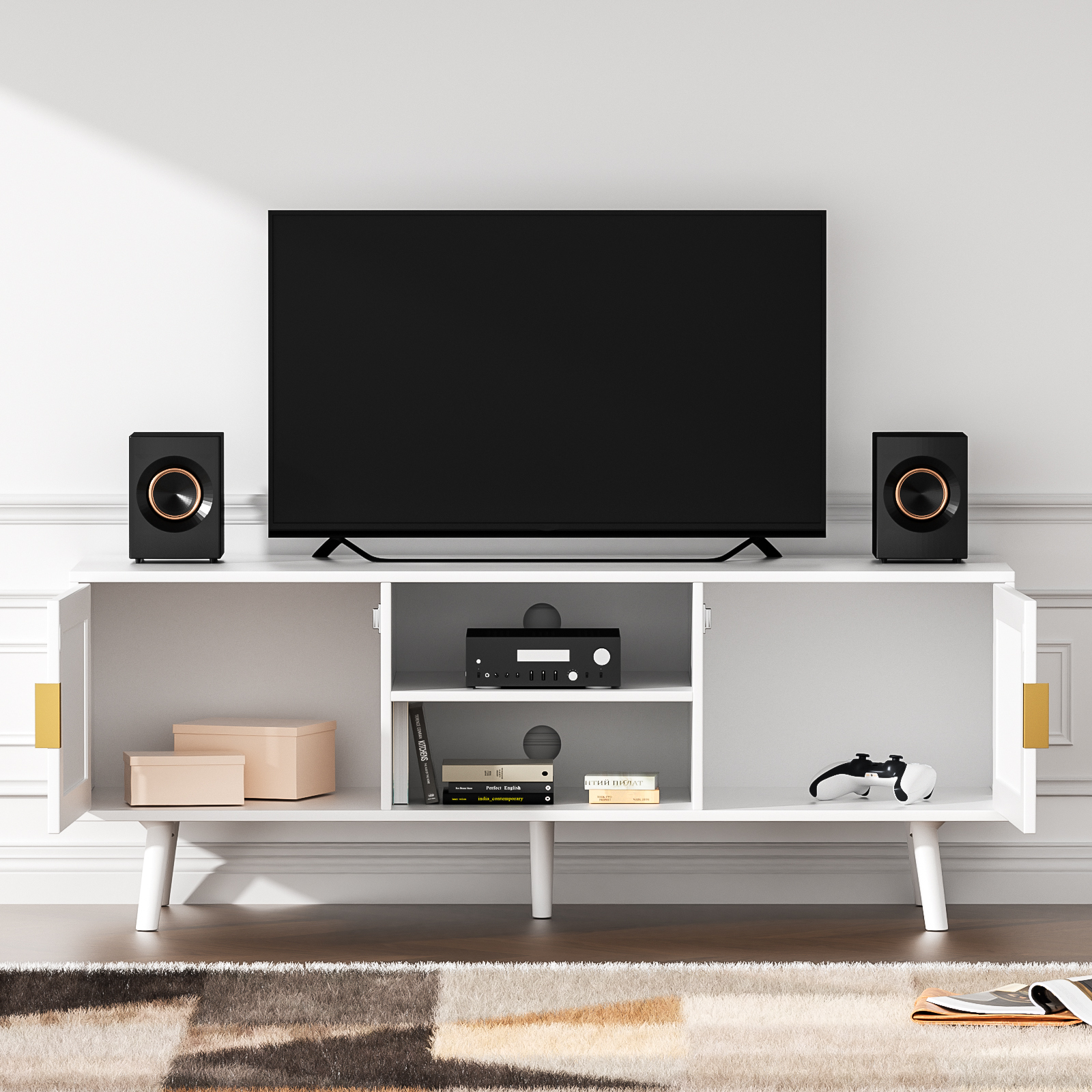 Farmhouse Rattan TV Stand for 55 Inches TV Mid Century Modern Entertainment Center with Storage Cabinet Wood Small Media Console for Living Room