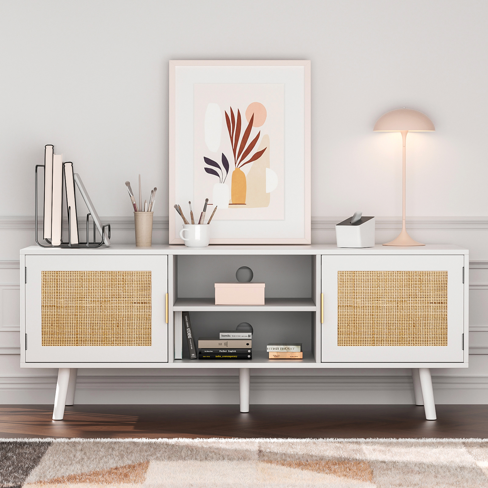 Farmhouse Rattan TV Stand for 55 Inches TV Mid Century Modern Entertainment Center with Storage Cabinet Wood Small Media Console for Living Room