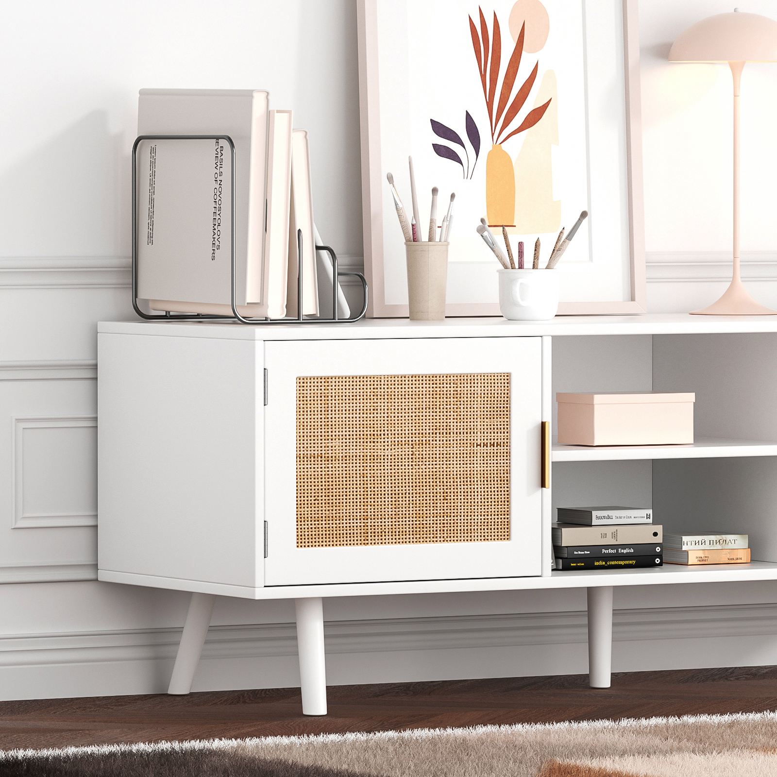 Farmhouse Rattan TV Stand for 55 Inches TV Mid Century Modern Entertainment Center with Storage Cabinet Wood Small Media Console for Living Room